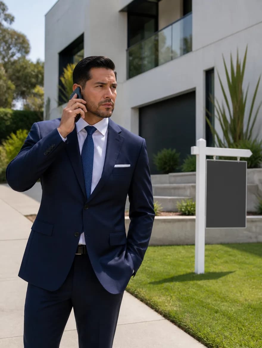 Agente inmobiliario al teléfono frente a una casa en venta