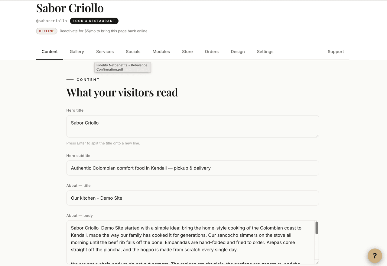 Content tab — edit your hero headline, subtitle, and about text
