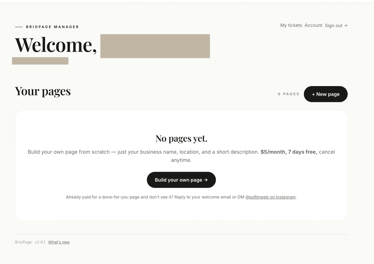 Dashboard — all your pages and their status at a glance