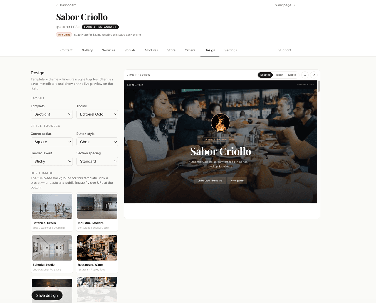 Design — switch templates, color themes, and button / corner styling in a click
