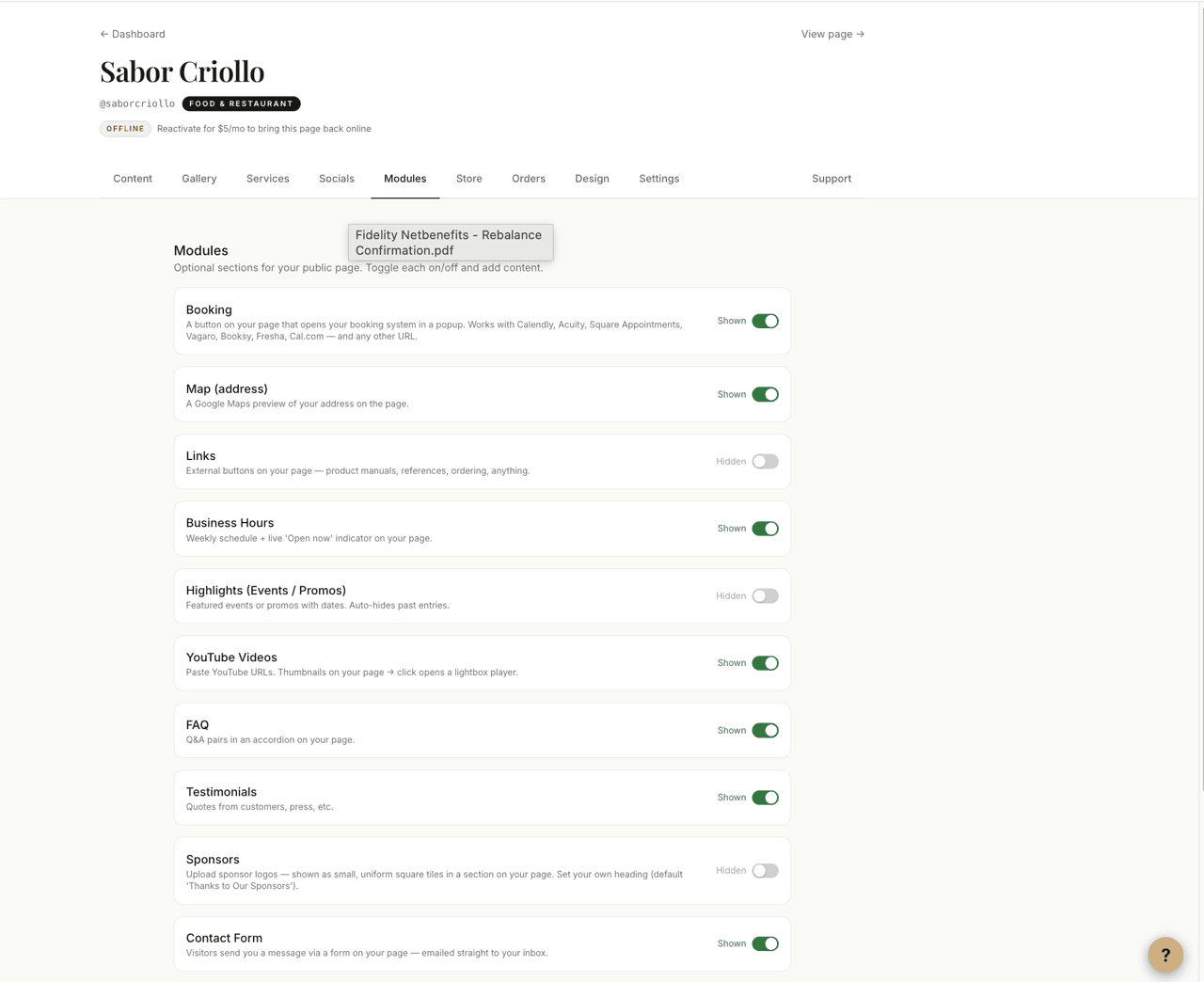 Modules — toggle hours, FAQs, testimonials, events, booking, and more