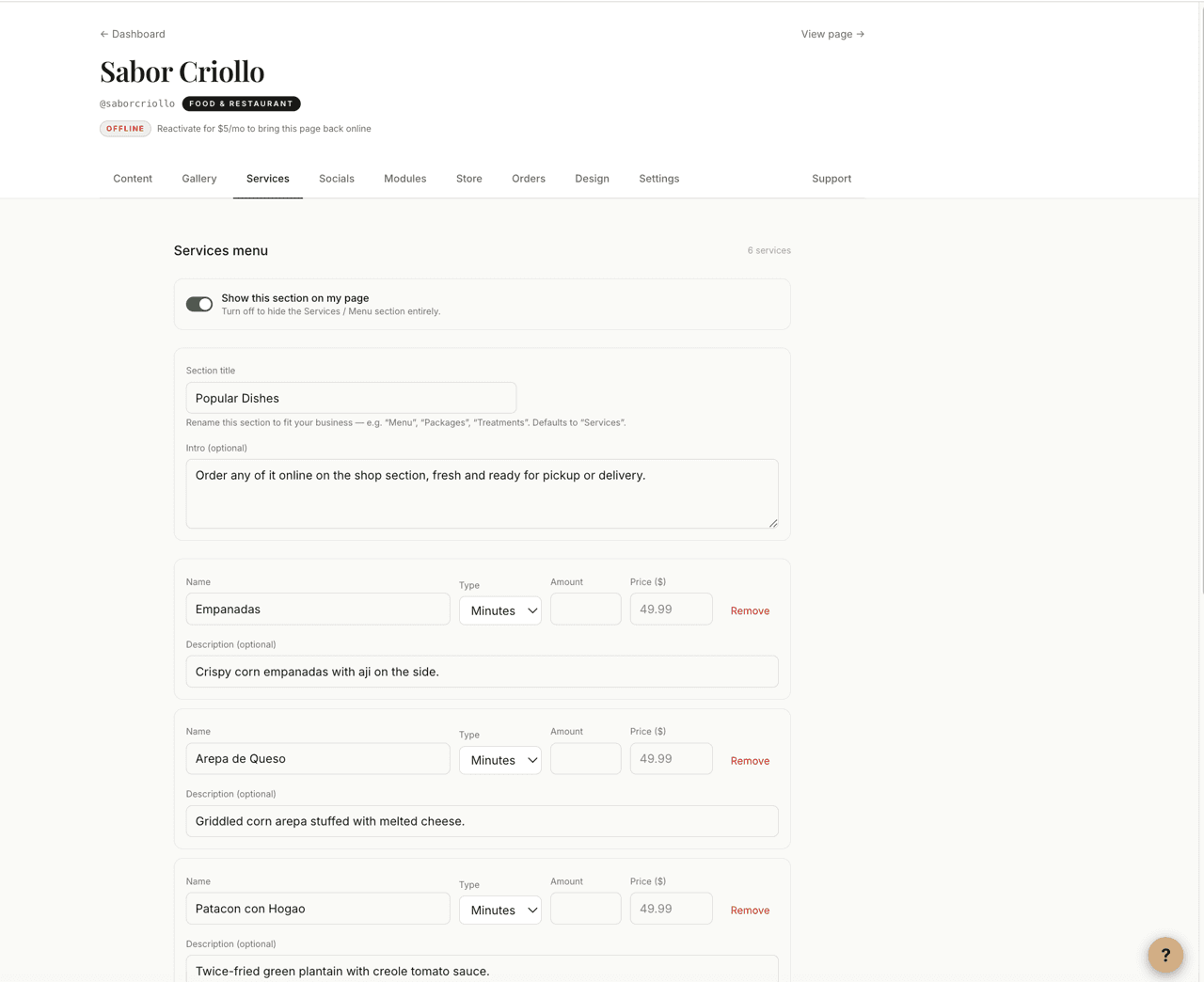 Services — list what you offer with prices, durations, and categories