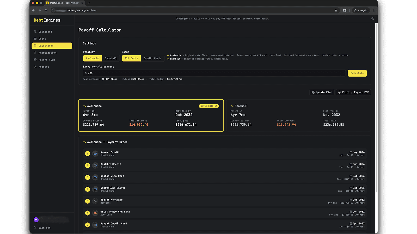 debtengines.com payoff plan feature