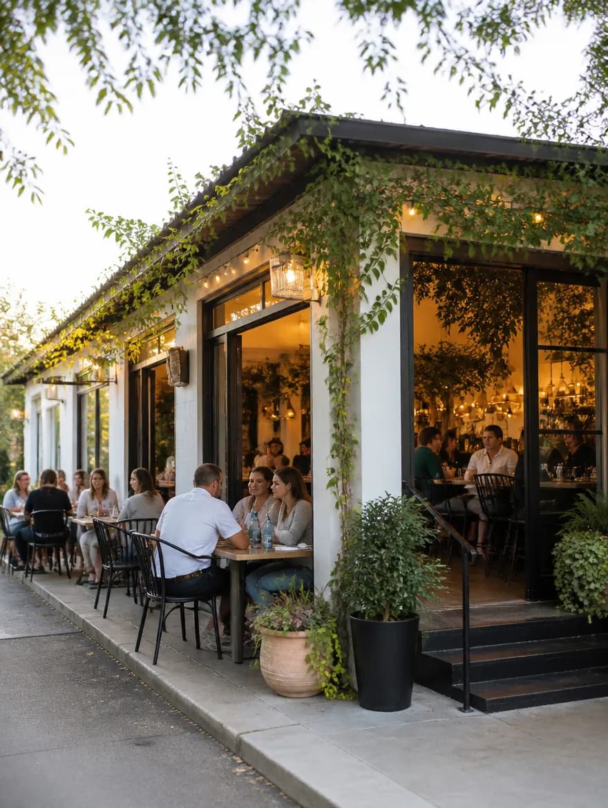 Fachada acogedora de un restaurante al atardecer