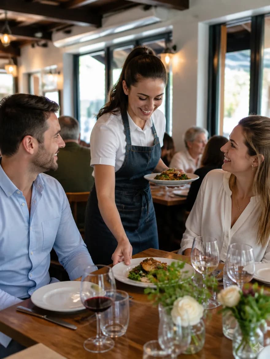Mesera sirviendo comida a una pareja en un restaurante